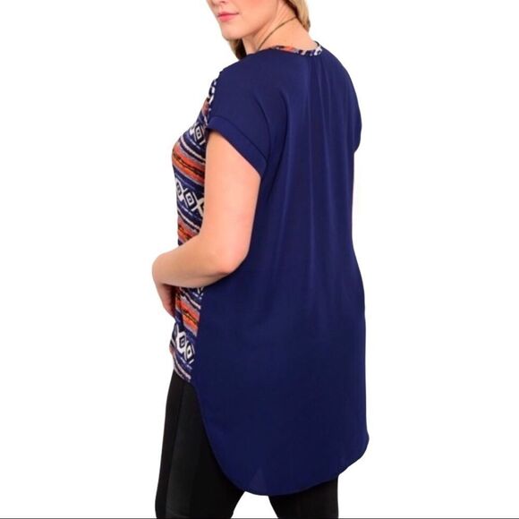 Blue Aztec Short Sleeve Round Neck Pullover Tunic Top Plus Size NEW - Picture 2 of 4